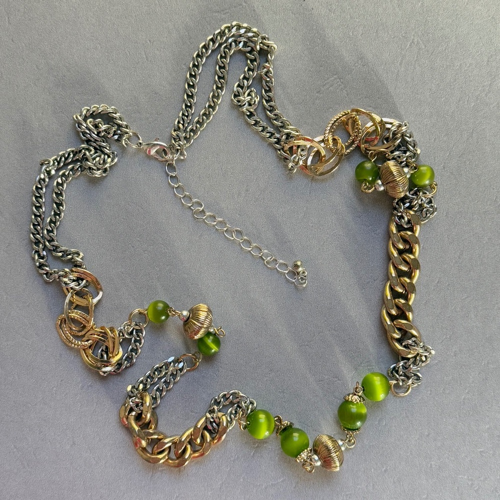 ARTISAN Necklace Recycled Chartreuse Moon Glow Beads Gold Silver Chains Vintage